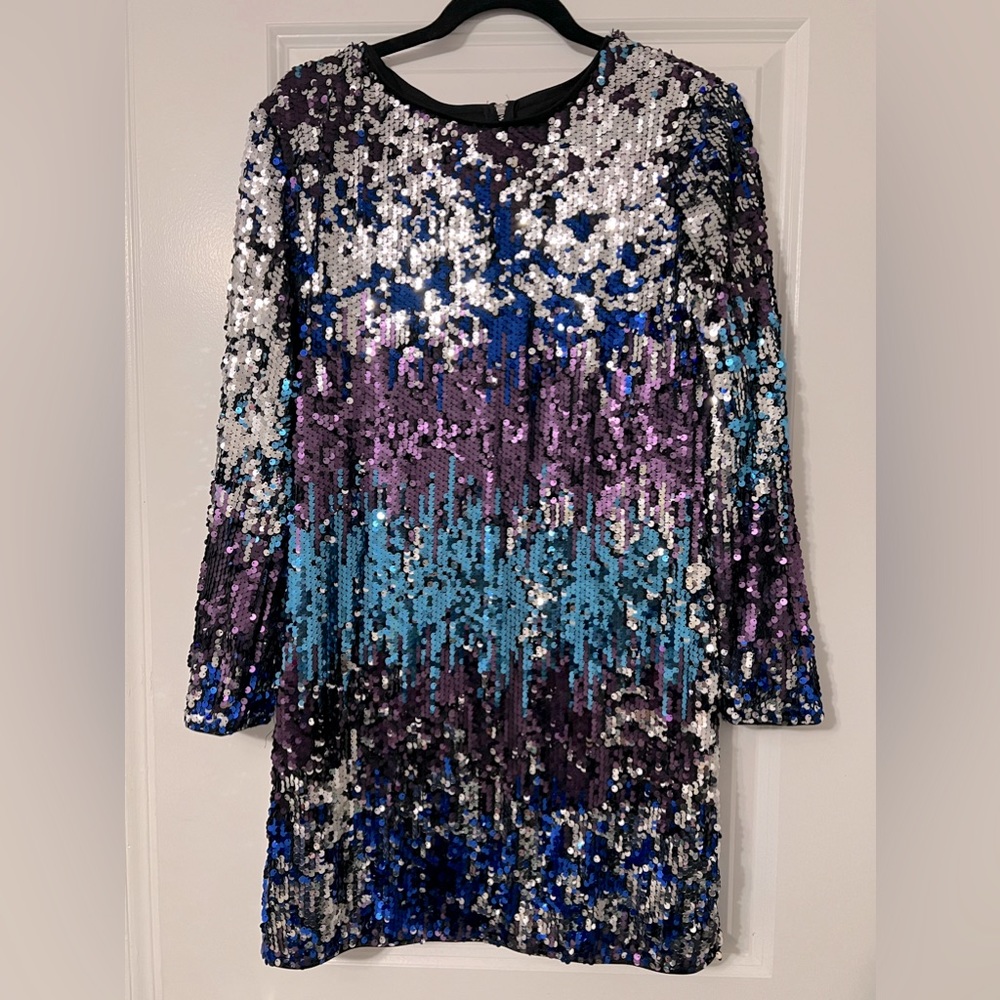 Plus Long Sleeve Sequin Mini Dress In Multi Sequin With Shoulder Pads